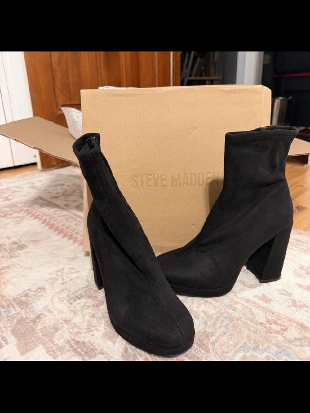 Steve Madden Black Suede Chunky Heel Sock Boots